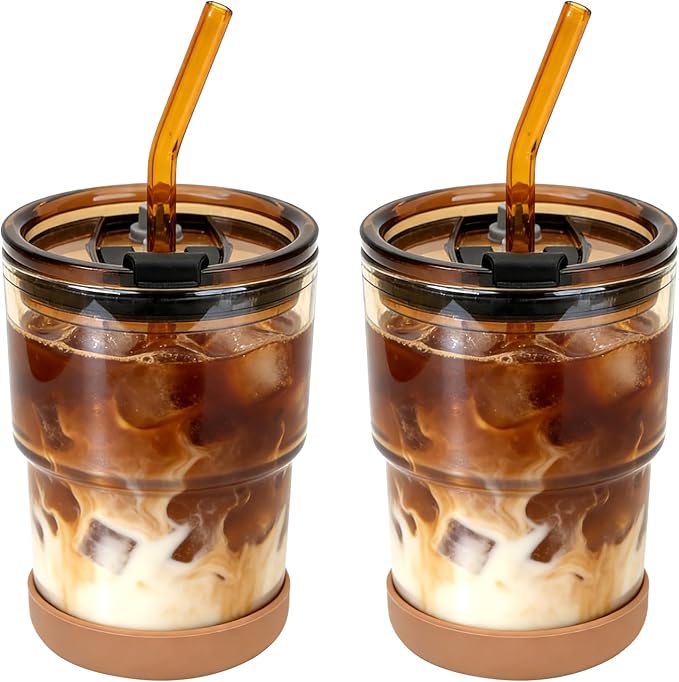 Zukro 13 oz Glass Iced Coffee Cups with Lid and Straw, Leak Proof Glass Tumbler for Ice Tea, Water, Non-Slip Silicone Bottom, Thick Wall Drinking Glasses for Home/Office, BPA Free, Amber 2 Pack