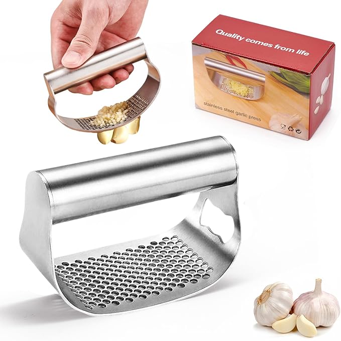 Garlic Press Stainless Steel, Heavy Duty Garlic Press Rocker, Garlic Mincer Garlic Crusher with Built-in Bottle Opener, Dishwasher Safe Kitchen Gadget for Effortless Garlic Chopping