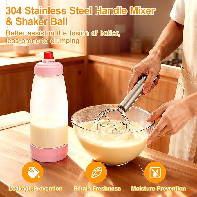 Pancake Batter Dispenser Bottle Kit - 4.5-Cup Pancakes Mixer with Shaker Ball Stainless Steel Whisk and Brush,Squeeze Tool for Pink Kitchen Accessories Gifts