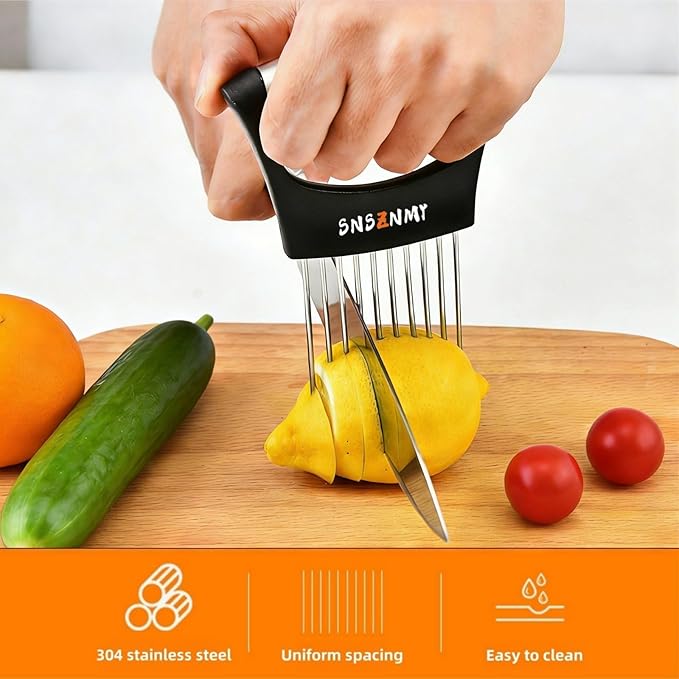 Onion Holder for Slicing, Upgrade Stainless Steel Onion Slicer Holder Lemon Slicer Vegetable Cutter, Assistant Tool for Slicing Fruit, Potato, Tomato and Meat (2 Pack)