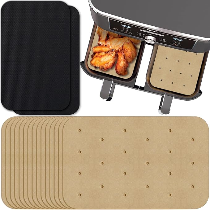 WMKGG Rectangular Air Fryer Parchment Paper, 200 PCS Disposable Perforated Air Fryer Liners with 2 Grilling Mat for Ninja DZ201 Foodi 6-in-1 8-qt. 2-Basket