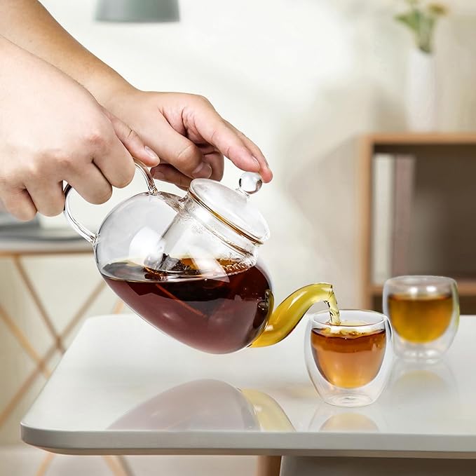 2-IN-1 Glass Tea Sets for Adults - Includes Glass Teapot and Mug with Infuser, Warmer Base, 4 Double Wall Glass Tea Cup - for Both Personal and Gathering Tea Time, Gifts for Tea Lovers