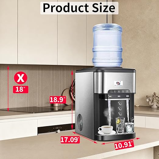 NUNET 3-in-1 Portable Ice Maker Water Dispenser Countertop Built-in Ice Machine 44lbs Ice Daily Top Loading 5 Gallon Hot Cold Water Dispenser w. 4lb Ice Storage & Cleaning Sets, Water Pump