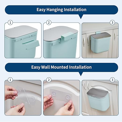 1.8 Gallon/7L Hanging Trash Can with Stainless Steel Lid, Mountable Compost Bin for Kitchen Cabinet Door, Under Sink Food Waste Container for RV, Bathroom, Office