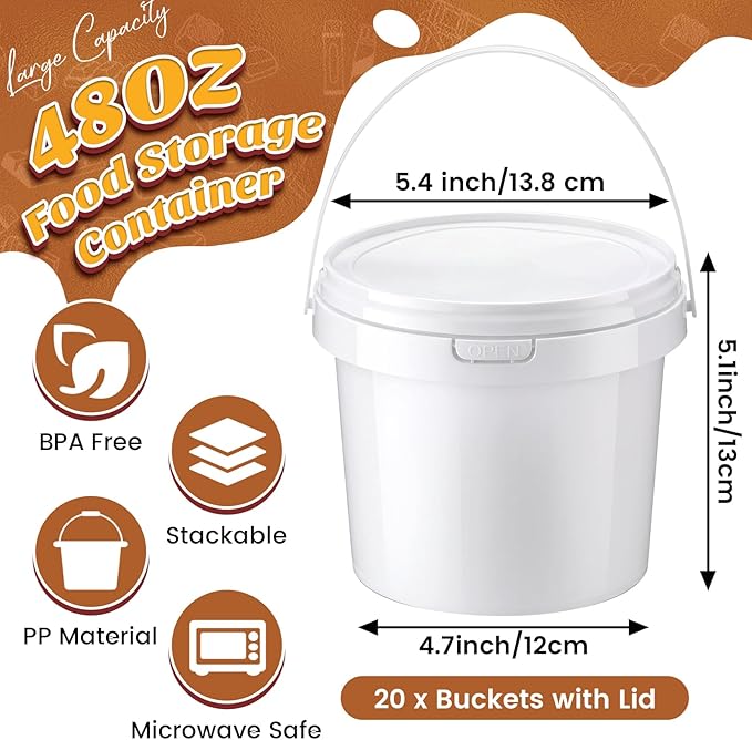 Funnymoom 20 Pack 48 oz White Buckets with Lid Plastic Ice Cream Buckets with Lid and Handle Ice Cream Tub Food Storage Containers Round Plastic Pails Freezer and Microwave Safe for Food