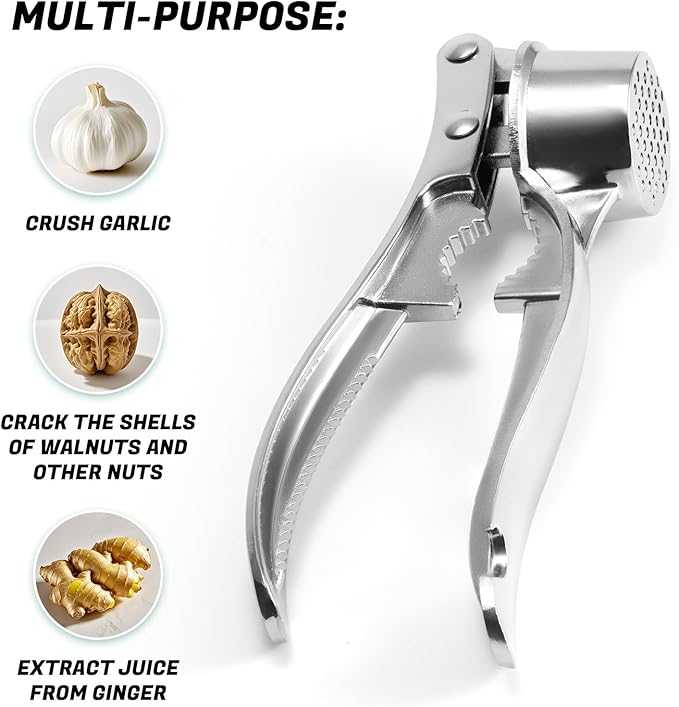 Heavy Duty Garlic Press and Mincer Set with Garlic Peeler, Rust Proof Dishwasher Safe Kitchen Tool - Easy Squeeze Ginger Crusher, Ergonomic Handle for Garlic and Nuts