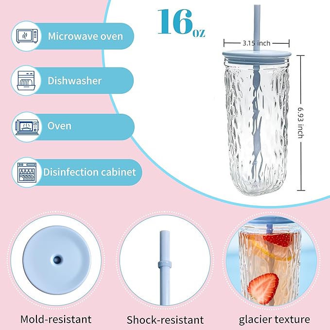 Glass Tumbler with Blue Straw and Lid, 16oz Glacier Texture Glass Iced Coffee Cup with Lids, Cute Coffee Tumbler with Straw, Simple Modern Aesthetic Glass Cup, Gift for Women Girl Sister Friend