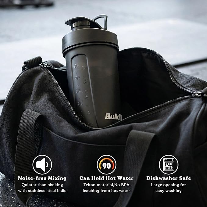 BuildLife Protein Shaker Bottle, 20oz Tritan Shaker Cup with Silent Mixing Grid – Lump Free Shakes 600ML for Pre Workout Protein & Smoothies, BPA-Free Leakproof Dishwasher Safe (Black)