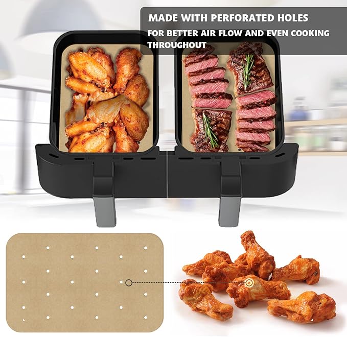 WMKGG Rectangular Air Fryer Parchment Paper, 100 PCS Disposable Perforated Air Fryer Liners with 2 Grilling Mat for Ninja DZ201 Foodi 6-in-1 8-qt. 2-Basket