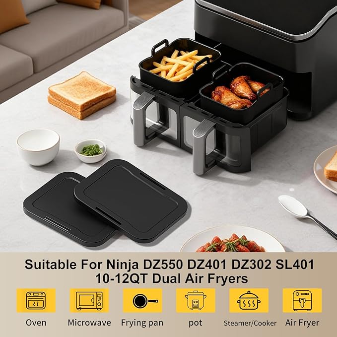 Air Fryer Silicone Liners Thickening Reusable with Lid for Ninja 10QT DZ550 DZ401 DZ302 SL401 Dual Air Fryers, 2 Pack Air Fryer Accessories for COSORI, Chefman, Instant 5-8QT Air Fryer Basket