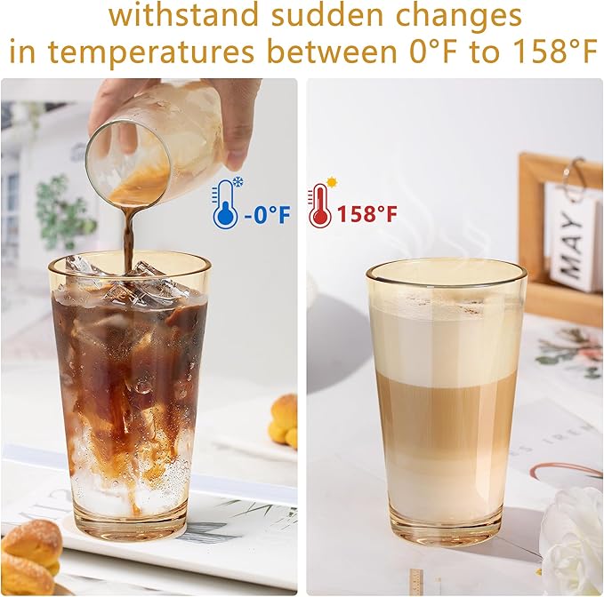 15oz 2 Pcs Glass Iced Coffee Cup with Lid Straw Thick Leak Proof Drinking Glasses Tumbler for Gift Cold Drink Smoothie Boba Tea(Amber*2)