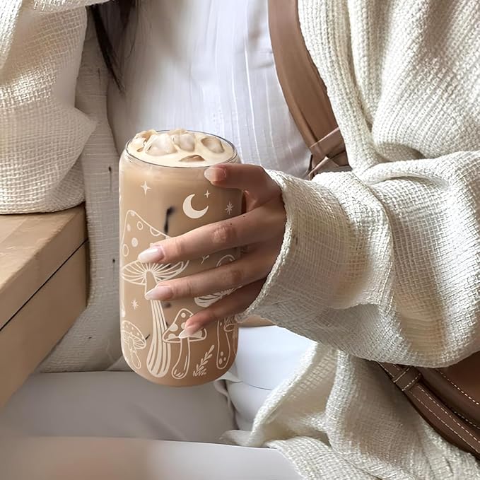 SANDJEST Mushroom 16oz Can Glass Tumbler with Acrylic Lid & Straw, Iced Coffee Cup for Women, Aesthetic Cups Gifts for Birthday Christmas