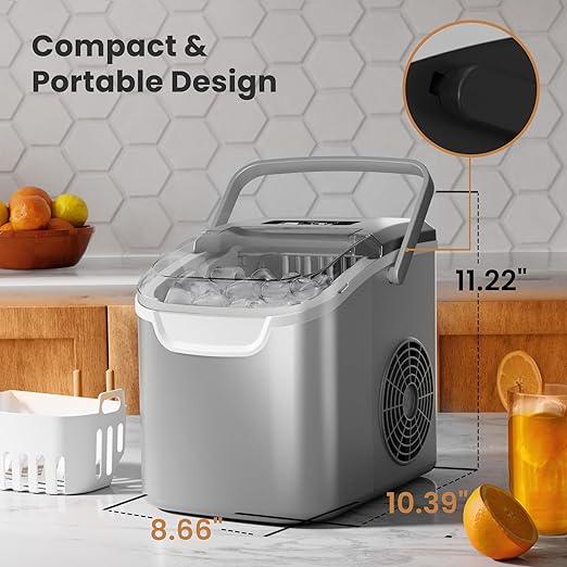 Crzoe Ice Makers Countertop with Handle, 2 Sizes of Ice, 8 Bullet Ice Cubes in 6 Mins, 26Lbs/24H, Portable Ice Maker with Self-Cleaning, Ice Machine for Home&Kitchen&Office&Party (Grey)