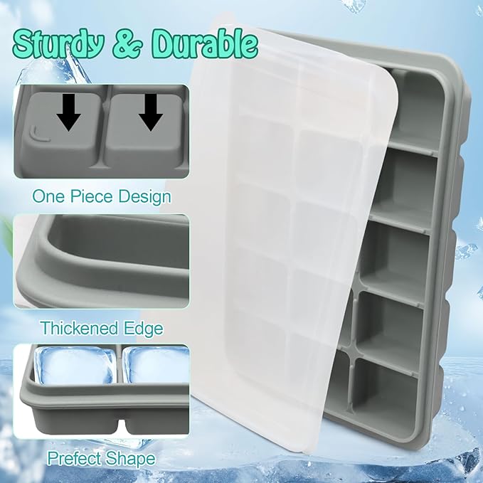 2 Pcs Easy Release Ice Cube Trays, Snow Gray Flexible Silicone Ice Cube Molds Removable Lid Stackable for Whiskey, Beverages, Baby Food (15 cubes 0.7oz)