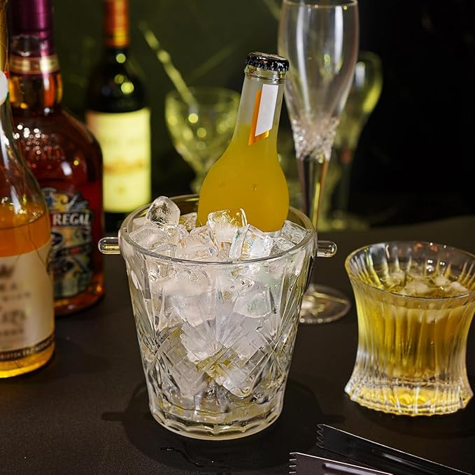 Clear Glass Ice Bucket with Ice Tong and Handle 33.8 oz Crystal Ice Cube Busket Cocktail Bar Champagne Bucket for Parties Wine Accessory