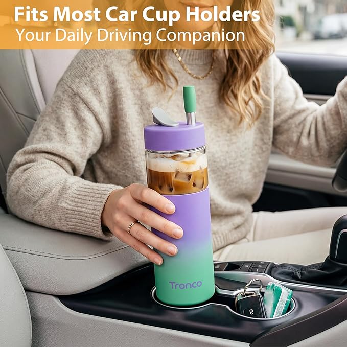 Tronco 24 oz Glass Tumbler with Lid & Straw, Iced Coffee Cup - Smoothie Cup with Silicone Lid for Boba Tea, Home, Office, Travel & Gifts, Borosilicate Glass Cups, BPA-Free, Leak-Proof, Dishwasher Safe