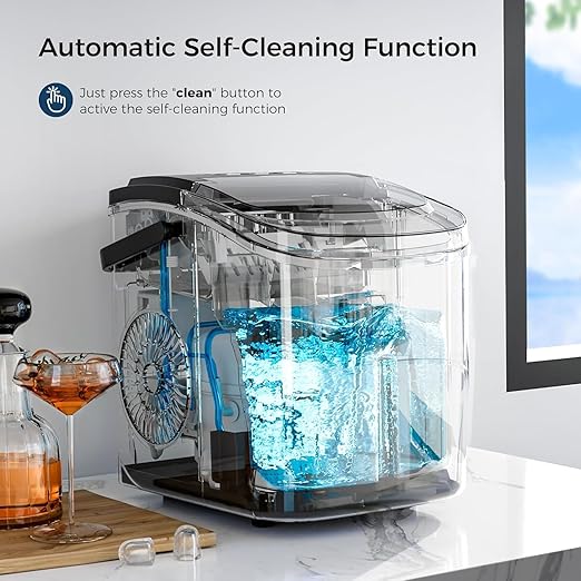 Kismile Ice Makers Countertop with Handle,26Lbs/24H,9 Cubes in 6 Mins,2 Sizes of Bullet Ice,Portable Ice Machine with Self-Cleaning for Home,Kitchen(Black)