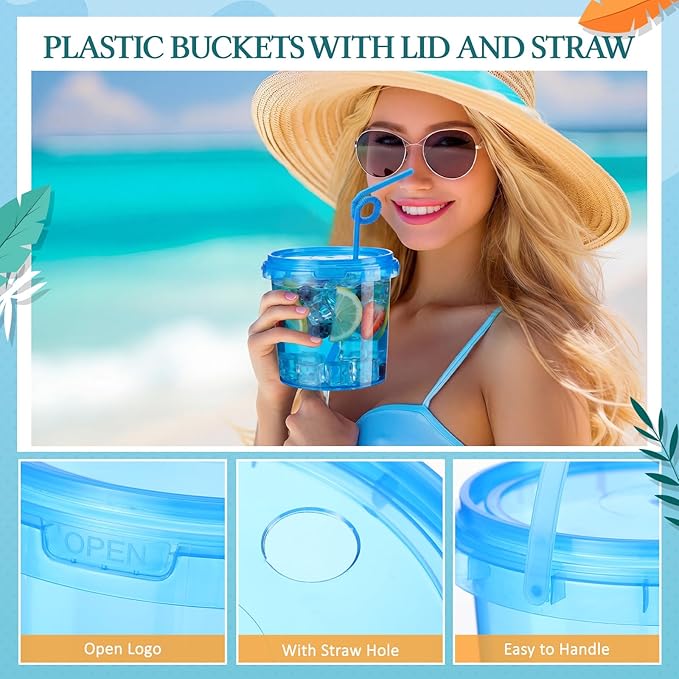 Funnymoom 60 Pack 25 oz Plastic Rum Buckets Bulks for Drinks with Straws Reusable Ice Cream Cocktail Cups Neon Party Bucket with Lids Handles Food Containers Cup for Summer Beach Bar Beer