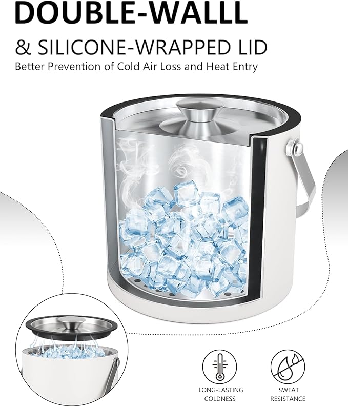 Bakpoco Insulated Ice Bucket with Silicone Lid, Scoop, Tongs & Strainer, 3L Stainless Steel Double Wall Ice Buckets for Parties & Cocktail Bar, Champagne Ice Bucket with Lid for Freezer, Ivory