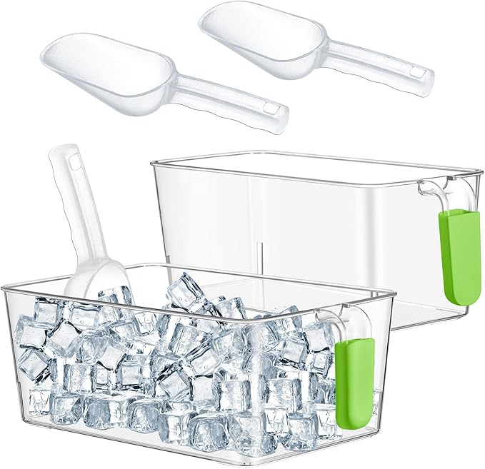 Havawish Ice Storage Bin and Flexible Scoop Set Plastic Freezer Bin with Pull Out Handle Storage Bucket Clear for Container with Scoop(Green,10.83 x 7 x 4.33 in,10.83 x 4.92 x 4.33 in,Classic)