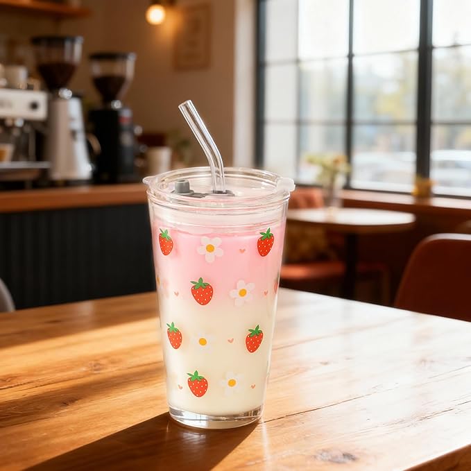 Olvini 15oz Glass Tumbler with Glass Straw and Lid, Cute Iced Coffee Cups, Aesthetic Glass Cups, Coffee Tumbler, Water Cup, Matcha Cup, Drinking Glasses (Strawberry)