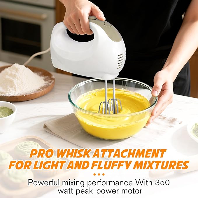 Hand Mixer - 5 Speed Portable Kitchen Mixer Electric Handheld with 5 Stainless Steel Accessories Whisk, Food Beater, ‌Ivory