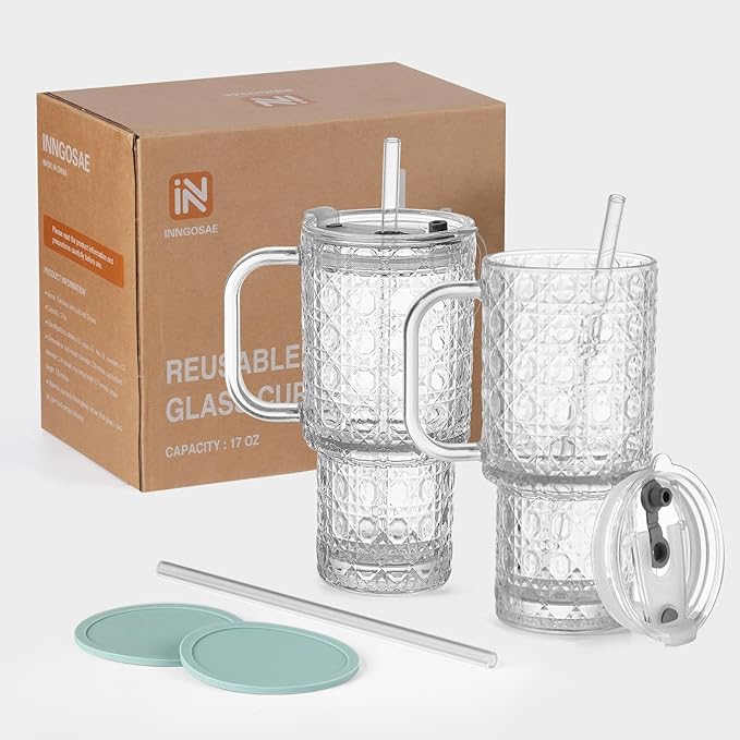 17oz Water Glass Tumbler with Handle & Lid Coasters, Reusable Iced Coffee Cups with Straws – Set of 2, Glass Cups for Beverages,Smoothies, Juice, Coffee, Tea