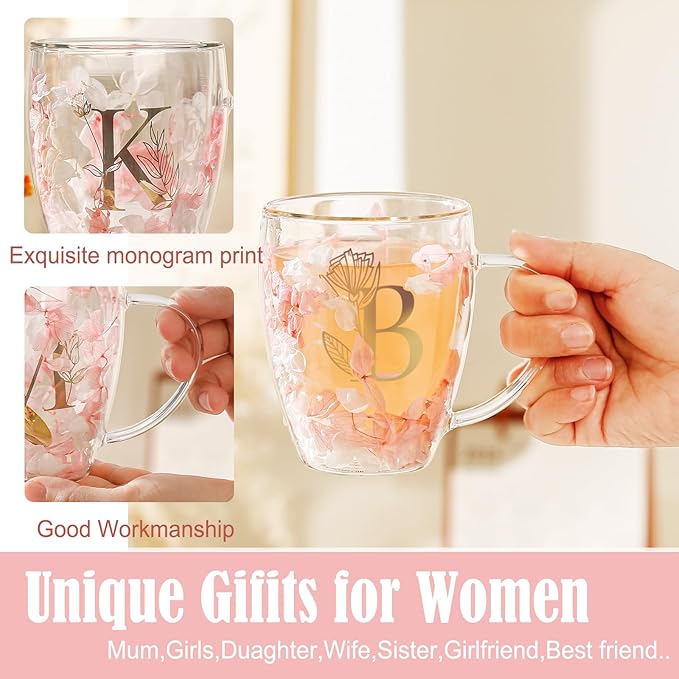 Personalized Gifts for Women Cute Double Wall Glass Coffee Mug Tea Cup with Spoon Customized Birthday Valentine Friendship Christmas Galentines Day Gifts for Women Her Sister Friends BFF Besties (B)