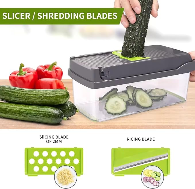 16-in-1 Multifunctional Vegetable Chopper with Container and Lid - Onion Dicer, Food Processor, Salad Chopper - BPA-Free, Essential Kitchen Gadget.