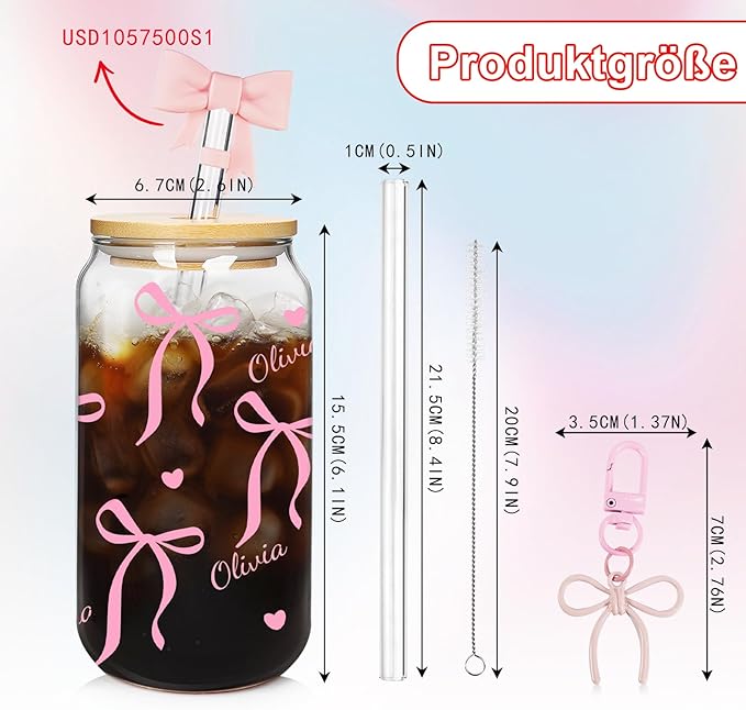 Mason Life Personalized Cups with Bows-Can Shaped Glass with Lids and Straws-18OZ Bow Decor Iced Coffee Cups -Cute Glass Tumbler Birthday Thanksgiving Christmas Gift for Women