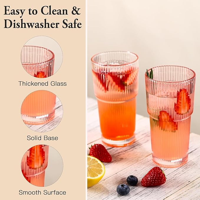 6PCS Pink Ribbed Glass Cups with Lids and Straws, 20oz Vintage Drinking Glasses, Aesthetic Iced Coffee Cups, Glass Tumbler for Boba, Beer, Tea, Cocktails, Ribbed Glassware Set (Pink-6)