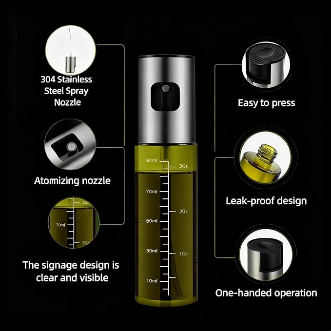 Oil Sprayer for Cooking - Olive & Avocado Oil Spray Bottle, 100ml Food Grade Glass Mister with Adjustable Nozzle for Kitchen Gadgets, Air Fryer, Salad, Frying, BBQ (2PCS)