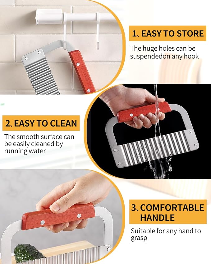 Crinkle Cutter Stainless Steel Potato Slicer Heavy Duty Wavy Crinkle Cutting Chopping Tools with Wooden Handle for Carrot Veggies