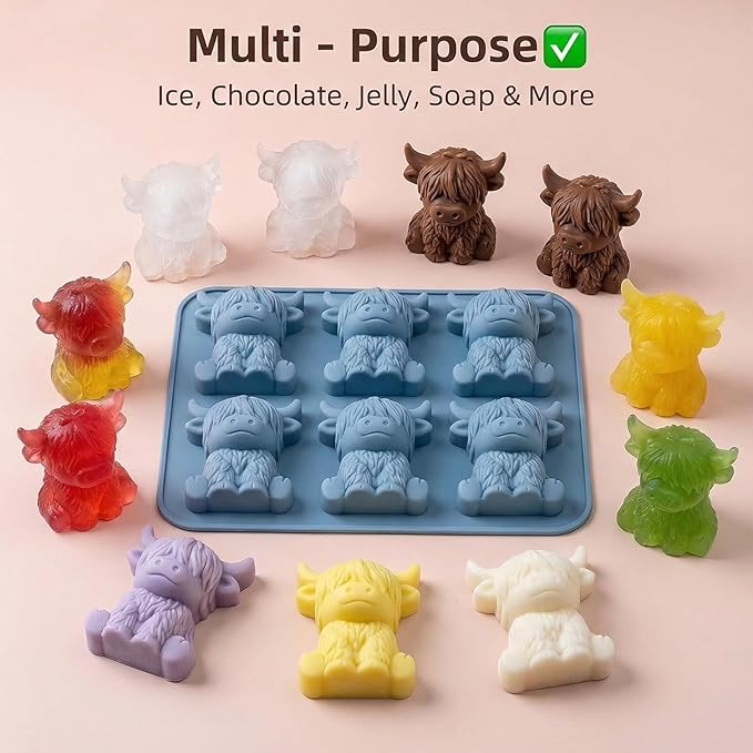 Mini Highland Cow Ice Cube Mold, Highland Cow Ice Cube Tray, 3D Cute Cattle Silicone Ice Cube Trays for Whiskey Cocktails Beer Coffee & Drinks Party, Reusable Animal Ice Cube Tray (6-Cavity)