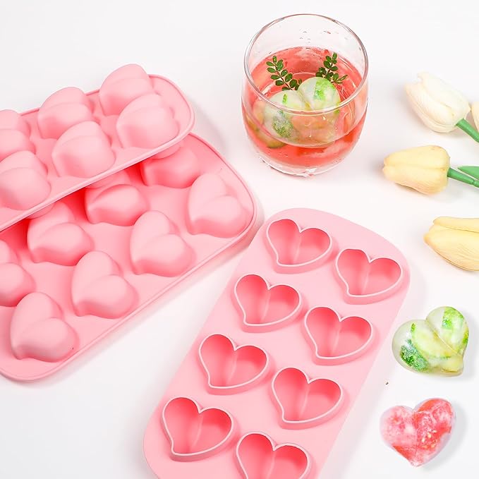 Webake Heart Shpaed Ice Cube Trays, 8-Cavity Heart Silicone Molds for Whiskey, Cocktail, Chocolate, Ice Cubes, Candy with Fun Shapes (Pack of 3)