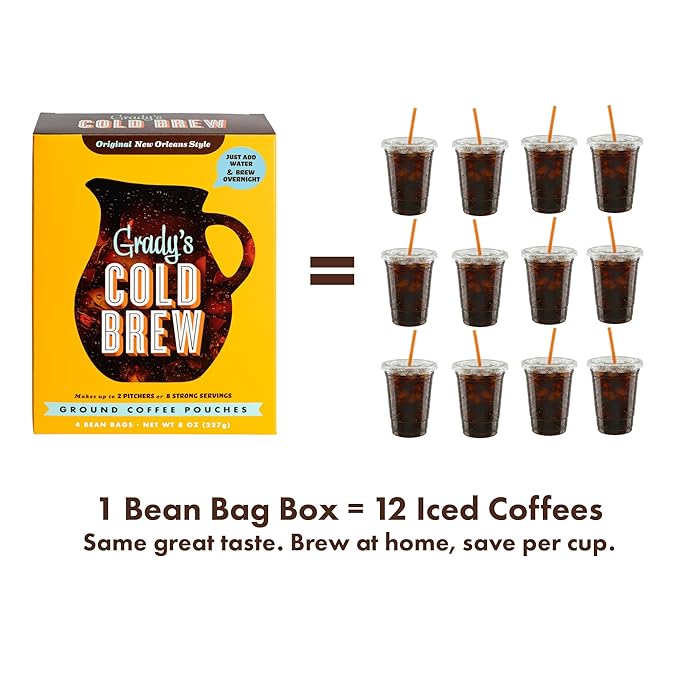 GRADY’S COLD BREW, New Orleans Style, 100% Arabica Ground Coffee & Chicory Pouches, One Box of Four Easy-to-Brew Bean Bags, Makes 12 drinks