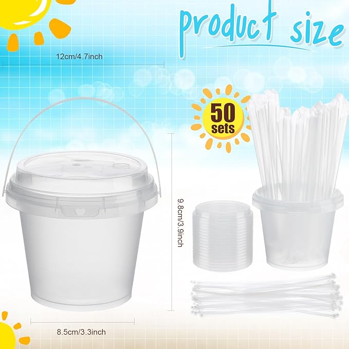 Funnymoom 30 Set 24oz Disposable Plastic Drink Buckets with Lids and Straws Frosted Iced Coffee Cups Rum Buckets for Cocktail Parties Smoothie Cup Bulk with Handles for Beach Pool Party Supplies