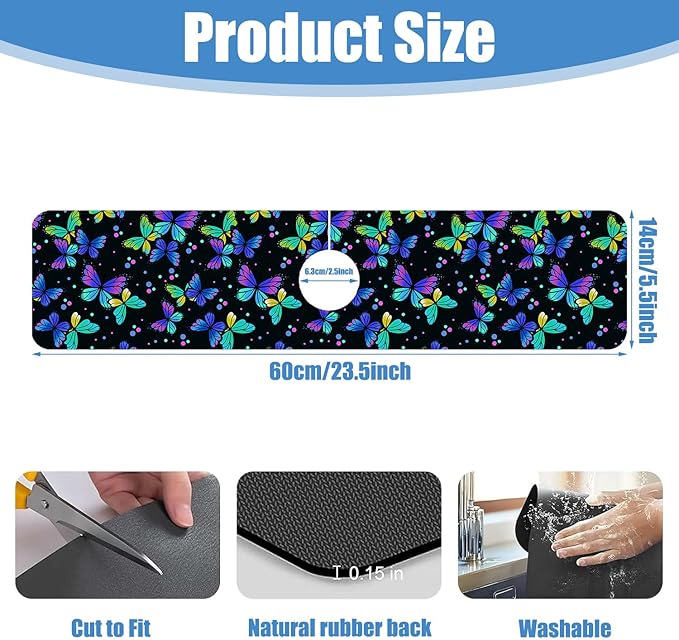 Sink Faucet Absorbing Mat Colourful Butterflies Sink Splash Guard Drying Mat for Kitchen Bathroom Faucet Sinkmat 23.5"X5.5"