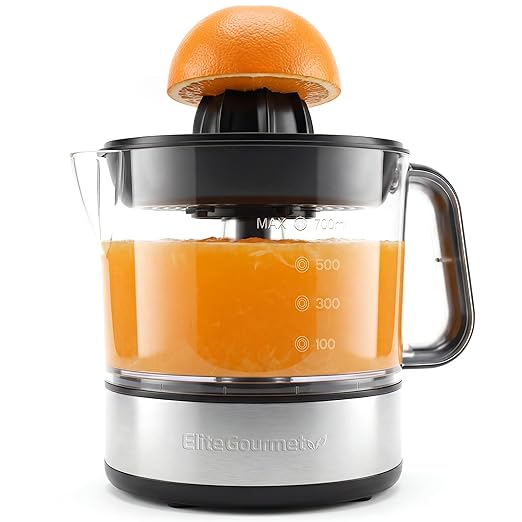 Elite Gourmet BPA-Free 40-Watt Electric Citrus Juicer, Compact, Large Volume, Pulp Control, Oranges, Lemons, Limes, Grapefruits with Easy Pour Spout, 24oz, Black/Stainless Steel