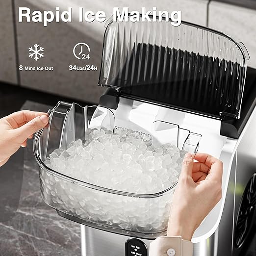 Antarctic Star Nugget Ice Maker Countertop, Chewable Nugget Ice Machine with Automatic Cleaning, Fast Ice Making 34Lbs/24H, One Click Operation for Office/Home/Bar (Stainless Steel Silver)
