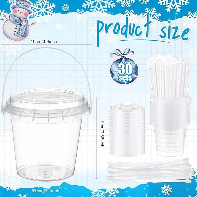 Funnymoom 30 Sets Clear Plastic Cups 24 oz Ice Cream Buckets with Lids & Straws Disposable Drink Cups Cocktail Pails Bulk with Handles and Stickers for Outdoor Beach Birthday Pool Party(Winter)