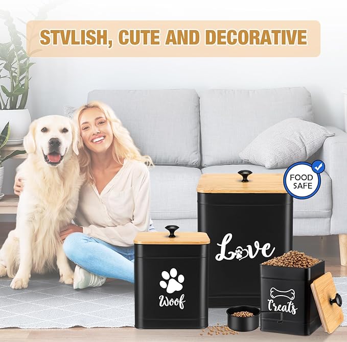 Jingmore Metal Dog Treat Containers Set of 3 with Bamboo Lids and Spoon Airtight 7+3+2 lbs Dog Food Snack Jars with DIY Labels Big Pet Cookie Storage Jar for Kitchen Counter(Black,Classic)