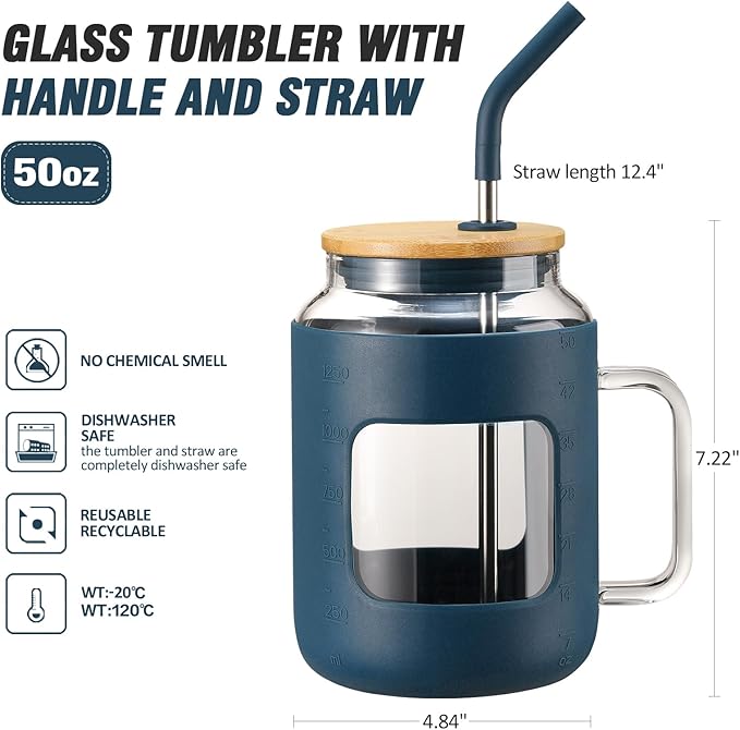 WINSA 50 oz Glass Water Bottles with Silicone Sleeve,Glass Tumbler with Lid and Straw,Iced Coffee Cup with Handle,BPA Free-Blue