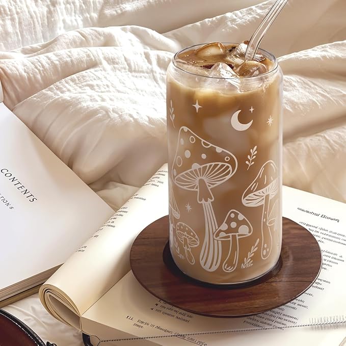 SANDJEST Mushroom 16oz Can Glass Tumbler with Acrylic Lid & Straw, Iced Coffee Cup for Women, Aesthetic Cups Gifts for Birthday Christmas