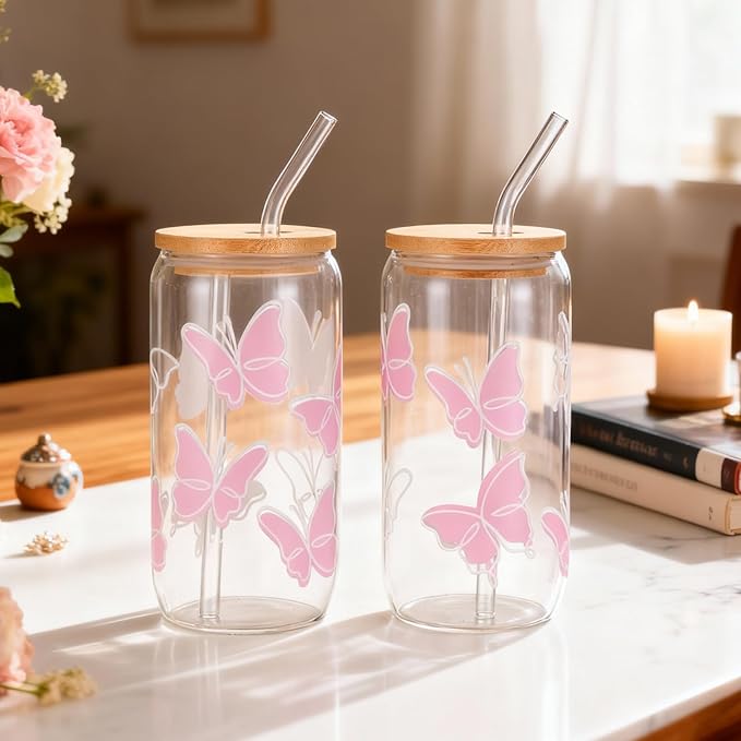 ANABIUP Butterfly Cute Glass Cups with Lids and Straws, Aesthetic Iced Coffee Cup, Girly Preppy Design Tumbler Mug, Birthday, Valentines, Teen Girl Gifts Trendy Stuff
