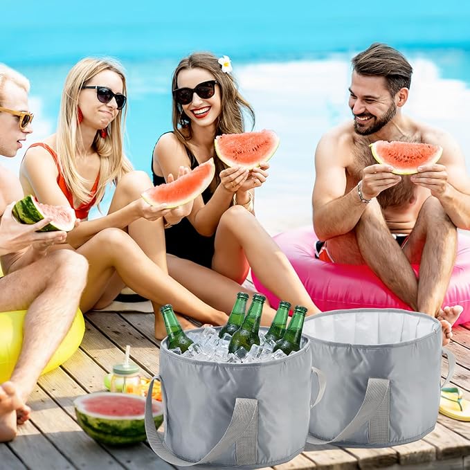Reallnaive 2 Pcs Cooling Ice Bucket for Parties 15L Large Folding Cooler Capacity Foldable Ice Bucket with Storage Bag for Summer Party Keeping Drinks Tube for Cold or Warm for Camping Beach(Grey)