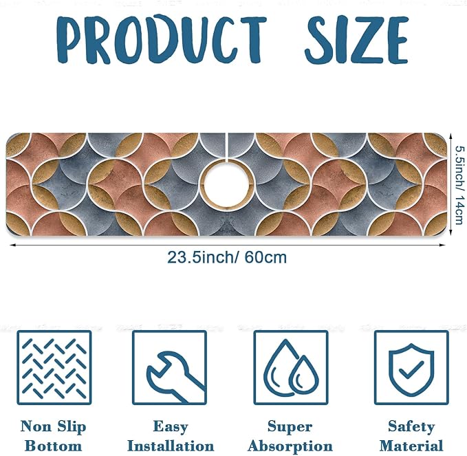 Geometric Printing Sink Splash Guard Faucet Mat Ceramic Tile Texture Super Absorbent Fast Drying Mat Sink Gadgets-Splash Guard Behind Faucet Drip Catcher for Kitchen Bathroom, 23.5"x5.5"