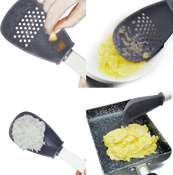 6 in 1 Multifunctional Food Strainer, 356°F Heat Resistant kitchen gadgets, Egg Separator, Cooking, Draining, Mashing, Grating, Cooking spoon Dark Grey