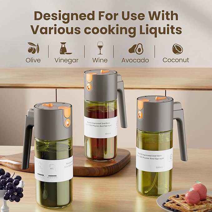 LAKUMIQI 2 in 1 Oil Sprayer for Cooking, 17oz Light-Blocking Glass Spray Bottle with Stickers, Oil Dispenser for Salad, Air Fryer & BBQ