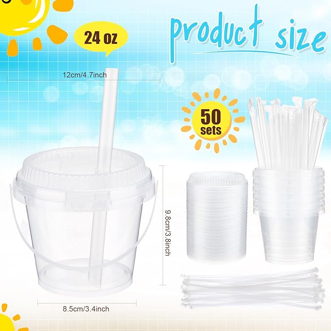 Funnymoom 50 Set 24 oz Clear Drink Buckets with Lids and Straws, Disposable Plastic Rum Cocktail Pails with Handles, Large Smoothie Cups for Adult Bachelorette Party Supplies, Beach & Catering Events